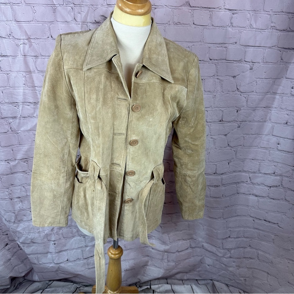 outer edge tan belted suede leather jacket sz medium classic neutral